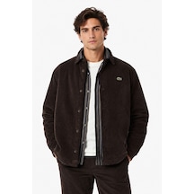 Lacoste Men's Relaxed Fit Button-down Linen Shirt Rahat Kesim Kadife Erkek Dış Gömlek Kahverengi