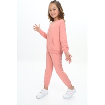 Toontoy Kids Toontoy Kız Çocuk 2'li Takım Nakış Baskılı Kolej Yaka Fermuarlı Cepli Sweatshirt & Beli Paçası Ribanalı Jogger Eşofman Altı - 2 İplik Mercan