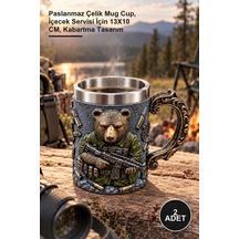 2 Adet 3d Kabartmalı Avcı Temalı Kupa Bardak Paslanmaz Çelik Mug Cup, İçecek Servisi İçin 13x10 Cm, Kabartma Tasarım
