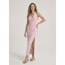 Neden Tekstil Kadın Ajurlu Halter Yaka Yırtmaçlı Uzun Beachwear Elbise - Plaj Elbisesi - Açık Pembe