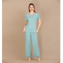 Ang Butik Kadın Viskon Şık Tasarım Dantel İşlemeli Mint Yeşil Kısa Kol Pijama Takımı Nane Mint