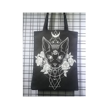 Owl Bag Gotik Tarz -black Cat Desenli Tasarım Kumaş Omuz Çantası Beyaz