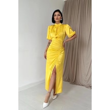 Sarı Büzgülü Saten Elbise Sarı Sarı Büzgülü Saten Elbise Sarı