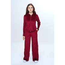 Toontoy Kids Toontoy Kız Çocuk 2'li Takım Fermuarlı Kapüşonlu Cepli Sweatshirt & Beli Lastikli Bol Paça Cepli Eşofman Altı - Şerit Detaylı & Kadife Bordo