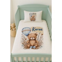 %100 Pamuk İsme Özel İsimli 100x150 Cm Pike Seti Mavi Balonlu Ayıcık