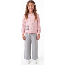 Onloox Kız Çocuk Pembe Kız Çocuk Pembe Pamuklu Bisiklet Yaka Geniş Paça Regular Fiyonk Detaylı Eşofman Takımı 8-9 Yaş