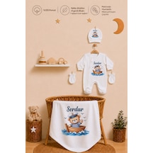 Pia Baby Kişiye Özel Erkek Bebek Tulum Set 4 Parça %100 Pamuk İsimli Organik Baskılı Battaniyeli 1102bt3x Krem