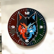 Kırmızı Mavi Renkli Baskı Bozkurt Türk Bayrak Desenli Sayılı Hediyelik Ahşap Sessiz Duvar Saati 50cm ÇOk Renkli
