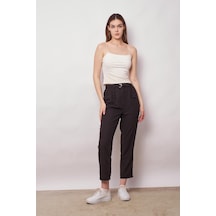 JUMENT Keten Yüksek Bel Pileli Beli Lastikli Kemerli Boyfriend Pantolon-siyah