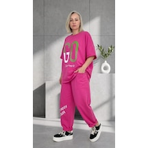 Byemelika Üzeri Taş Baskı Detaylı, Oversive, Bel Lastik Detaylı Bluz & Pantolon Takım Pembe