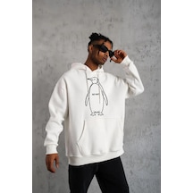 Erkek Nihilist Penguen Özel Tasarım Oversize Kapüşonlu Sweatshirt - Beyaz Beyaz