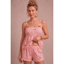 Bella Notte Pembe Kadın Çizgili Kalp Desenli Askılı Şortlu Pijama Takımı