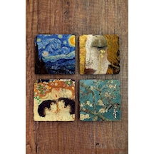 Doğal Taş Bardak Altlığı 4'lü Set 10x10x1 Cm Gustav Klimt Ve Van Gogh Eserleri- Stone Coasters Çok Renkli