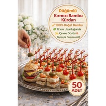 50 Li Paket I 12 Cm Düğümlü Kırmızı Bambu Kürdan Kokteyl Kürdan Sunum Çubuğu Aperatif Kürdan