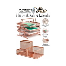 Bakır Yaldız Metal Evrak Rafı 3 Lü Ve Masaüstü Kalemlik 1 Paket Masaüstü A4 Dosya 3 Katlı Düzenleyici Kağıt Tepsi Metal Bakır