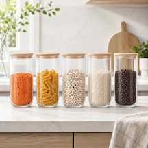 Tr 5'li Bambu Kapaklı Cam Saklama Kavanozu Seti 1400 Ml, Sızdırmaz Silikon Contalı Şeffaf Erzak Kabı, Makarna Bakl Genel