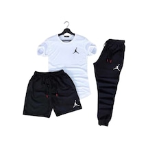 Fifty Color 3'lü Slim Fit Unisex Tshirt-Şort-Eşofman Takımı Beyaz - Siyah Jrd