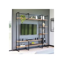 Metal Tv Ünitesi, Tv Sehpası, Duvar Ünitesi Atlantik Çam Metal Ayaklı Siyah 200x34x185 Siyah