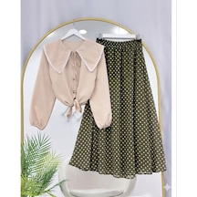 Lovie Moda Kadın Fisto Gömlek Benek Desenli Etekli Takım Haki