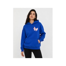Herkesemoda Kelebek Baskılı Kapüşonlu 2 İplik Şardonlu Sweatshirt Mavi