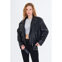 M M Marki Marki Kadın Hakiki Jumbo Deri Ceket Biker Tarz, Kemerli, Oversize, Apoletli, 65 Cm, Siyah - 507322
