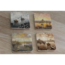 İstanbul Manzaraları Doğal Taş Bardak Altlığı 4'lü Set - Natural Stone Coasters-174275 Çok Renkli