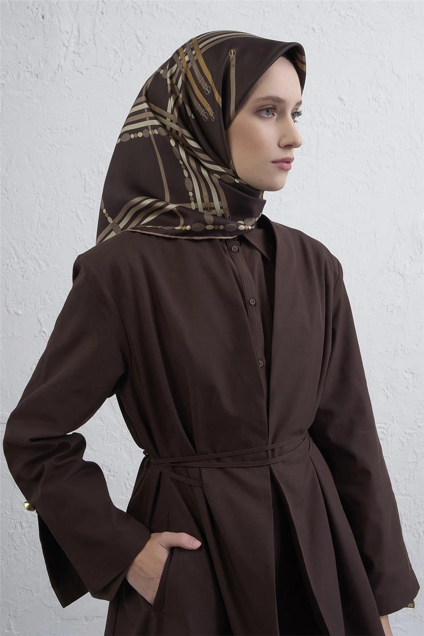 Armine Obje Desenli Saf İpek Twill Eşarp 9407d 31 KAhverengi