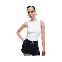 Koton Koton X Zeynep Bastık - Pamuklu Slim Fit Bisiklet Yaka Taşlı Atlet Kırık Beyaz 5sak10125uk Ekru