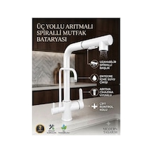 Rena Design Beyaz Aritmali Spiralli 2 Modlu Başlik L Boru Mutfak Evye Bataryasi Prinç Armatür Musluk