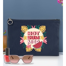 Bk Gift Yaz Temalı-8 Astarlı Lacivert Portföy Çanta 30x21cm, Baskılı El Çantası, Organizer Çanta