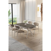 Canisa Olya Serisi 90x168 Mdf Sabit Lak Panel Antrasit İroni Masa Takımı Krom Ayaklı 4 Cappucino Sandalye Masa Antrasit İroni Cappucino Sandalye