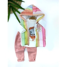 9-12-18-24 Ay Kapşonlu Fermuarlı Gökkuşağı Şişme Yelek Sweat Pantolonlu 3lü Kız Erkek Bebek Takımı 001