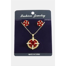 Çiçek - 598 - Zirkon Taşlı Set - Nazblsmm - Kolye Kırmızı