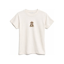 Mixray 2078 Kadın Pamuk Ayıcık Nakışlı Bisiklet Yaka T-shirt Bej