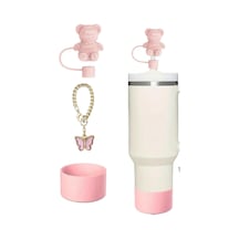 3 Parça Ayıcık Pipet Kapağı Kelebek Charm Altlık Koruyucu Silikon Termos Uyumlu Pembe