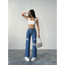Blue Marlin Kadın Lazer Yırtık İşlemli Boyfriend Kot Bol Paça Pantolon Mavi