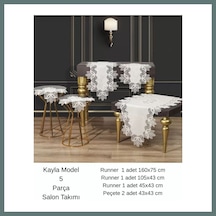 Bezos Salon Takımı 5 Parça Keten Masa Örtüsü Runner Seti Çeyizlik Kayla Model No 22252 Krem-gold Ventra