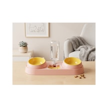 Pembe Kedi Köpek Mama Ve Su Kabı Seti Otomatik Su Hazneli Çift Mama Kabı 42x16,5 Cm