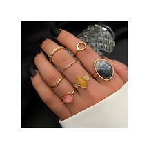 Passion Gold Altın Renkli Siyah Taşlı Vintage Bohem 6 Parça 6'lı Yüzük Seti Koyu Gri