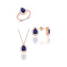Gümüş Rose Safir Taşlı Damla Modeli Üçlü Set Gümüş Rose Safir Taşlı Damla Modeli Üçlü Set