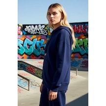 Benerly Kadın Kapüşonlu Düşük Kol Fermuarlı Sweatshirt Uzun Kollu Kalıp F Koyu Lacivert