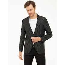 Cacharel Siyah Slim Fit Keten Karışımlı Çizgili Ceket