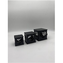 Gizemli Home 3 Lü Ahşap Fener Mumluk Kahverengi / Siyah Kalp Model