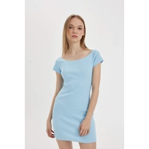 DeFacto Coool Bodycon Vücuda Oturan Kayık Yaka Basic Düz Fitilli Kaşkorse Kısa Kollu Mini Elbise A7362AX24SMBE744