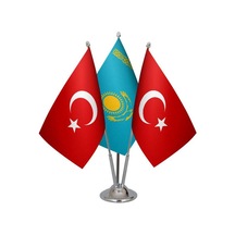 Masa Üstü Kazakistan Bayrağı Türk Bayrağı Üçlü Krom Direk Masa Ba