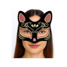 Siyah - 120 - Renk Süet Kaplama Üzeri Kırmızı Sarı Simli Kedi Maskesi - Edntrend - 17x14 Cm Yetişkin