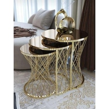 3'lü Anatol Zigon Sehpa Seti Gold Ayak Siyah Cam Gold Bronz