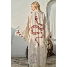 Yılan Astroloji Yıldız Haritası Püsküllü Doğal Kumaşlı Bohem Sahil Tatil Festival Karnaval Vibe Boho Kimono Kaftan Pareo Bej