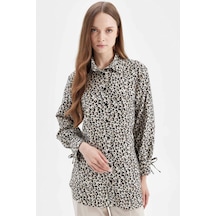 Defacto Relax Fit Leopar Desenli Uzun Kollu Gömlek Tunik D2608AX24AUBG702 Bej