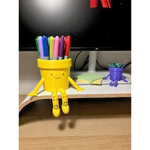 3d Baskı Hareketli Gülen Kalemlik - Eklemli Masaüstü Organizer - Sarı Çok Renkli